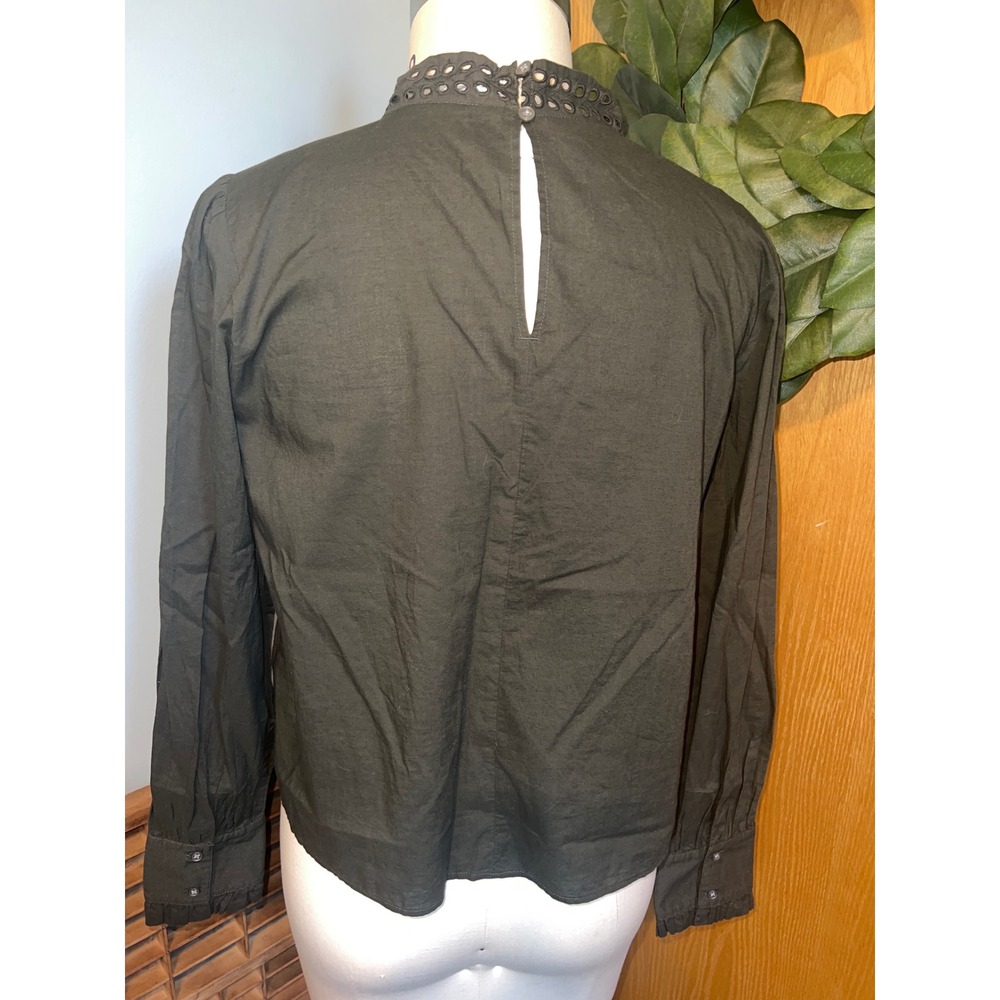 LOFT Womens Olive Green Mock Neck Eyelet Embroidered Long Sleeve Blouse Top M - Picture 5 of 8